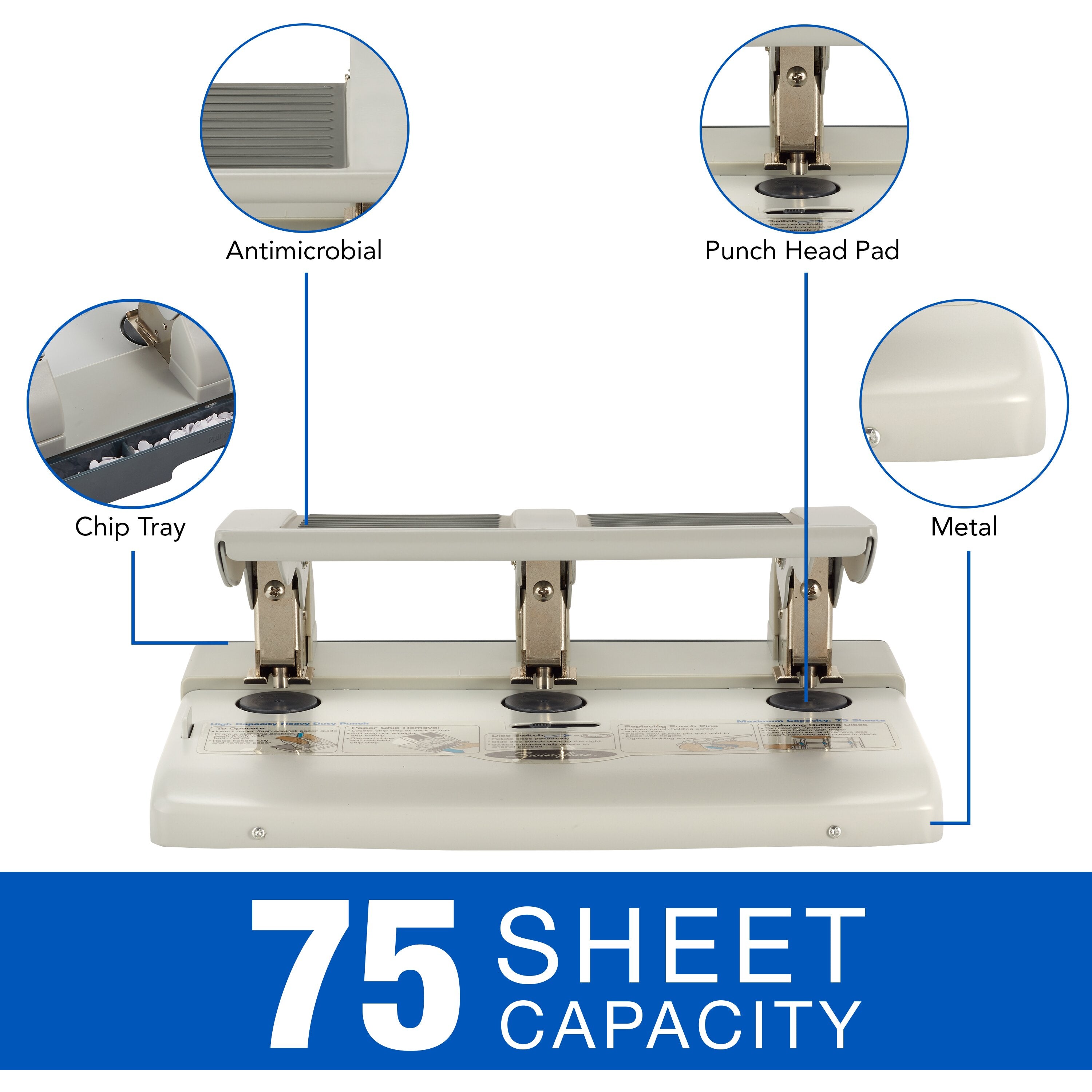 Swingline® 3-Hole Heavy Duty Punch, Model HD-75, Antimicrobial, High Capacity