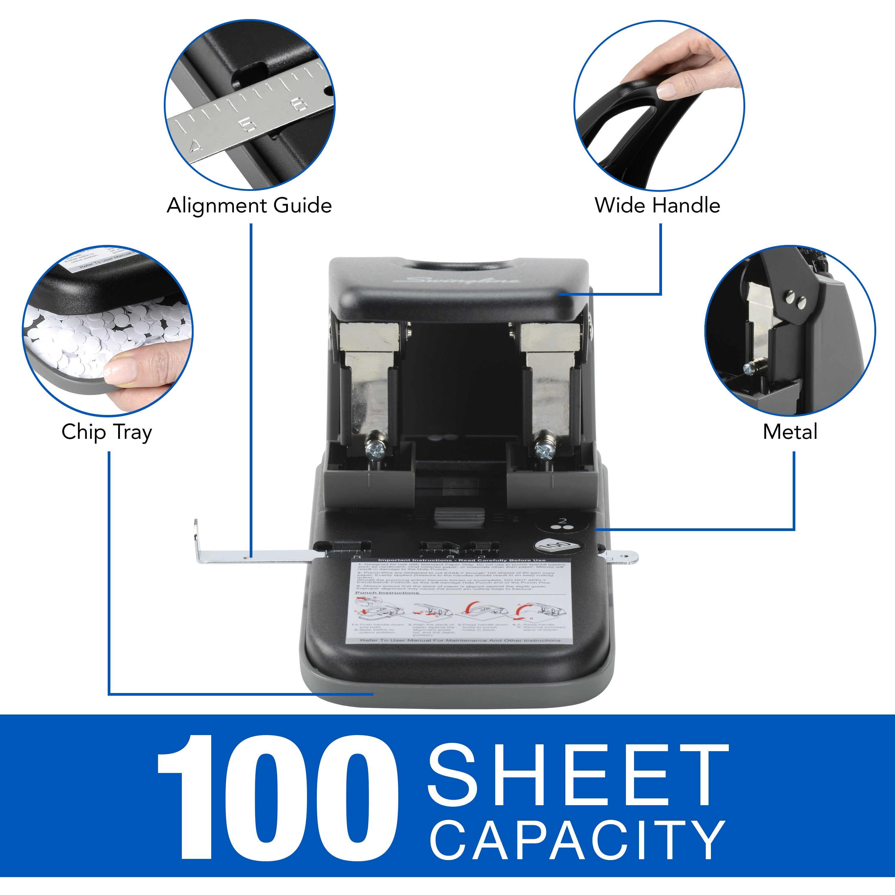 Swingline® High Capacity 2-Hole Punch, Fixed Centers, 100 Sheets - Model: SC-200FH-P100