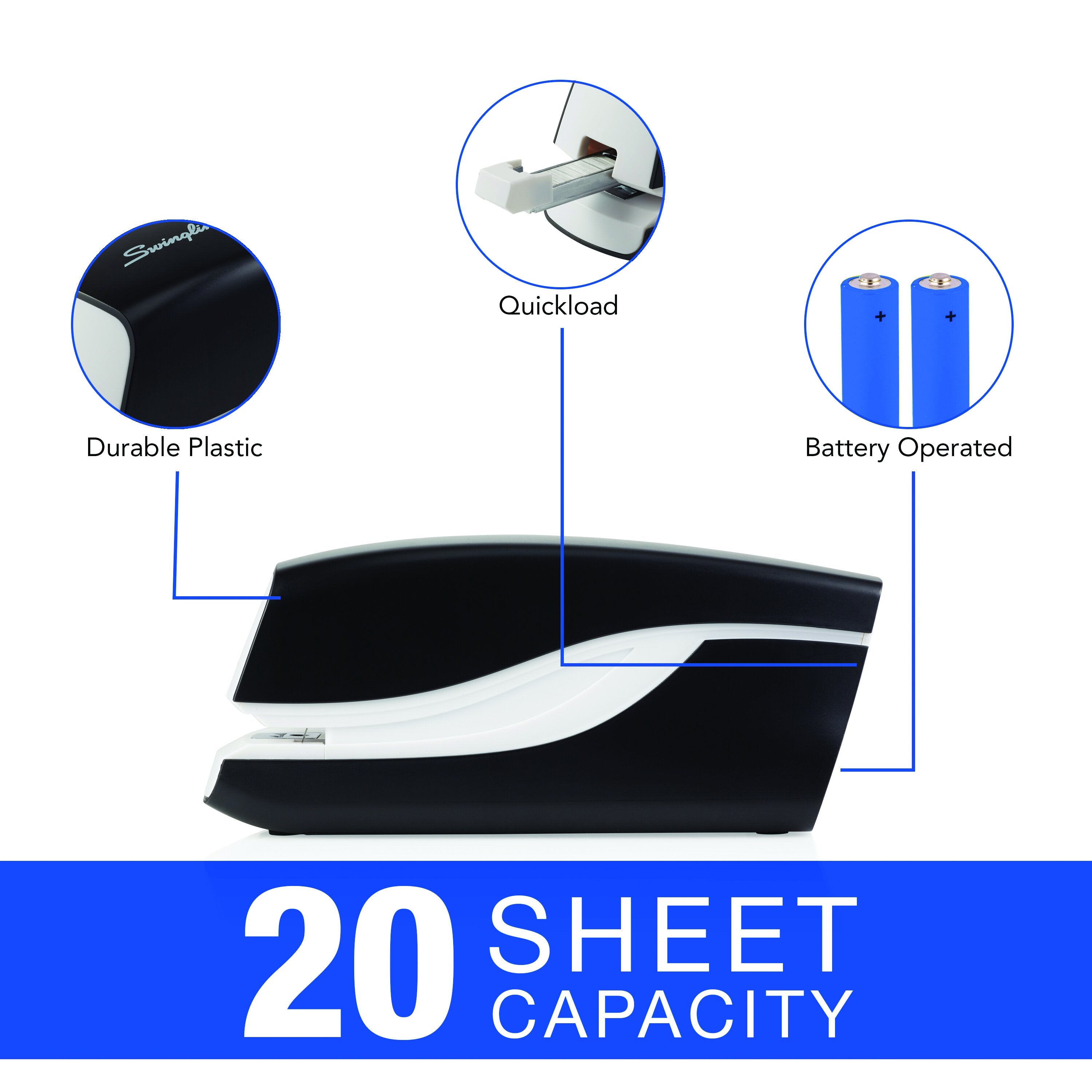 Swingline® Breeze Auto Stapler, Battery-Powered, 20-Sheet Capacity, Black