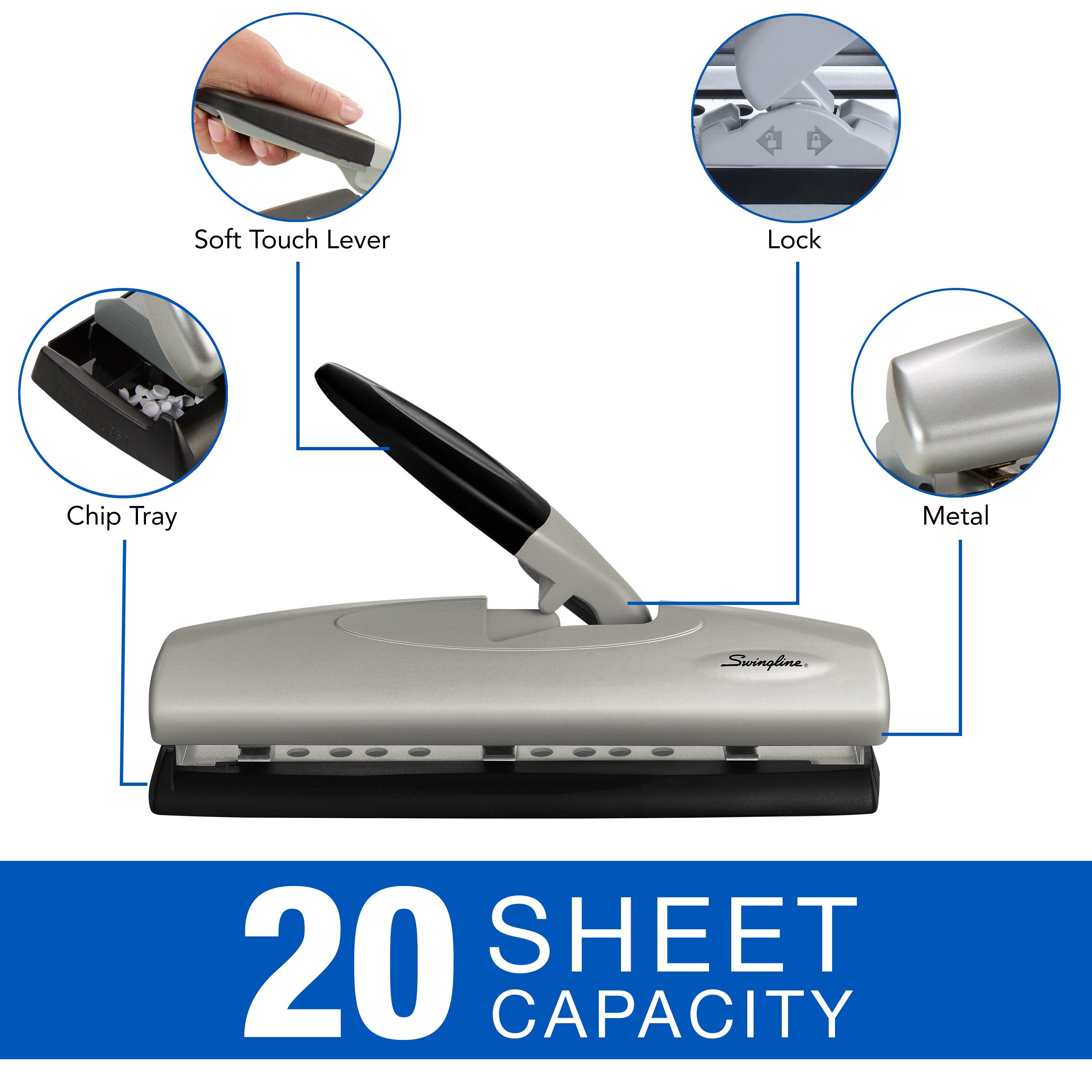 Swingline® LightTouch® High Capacity Desktop Punch, 2-7 Holes, 20 Sheets