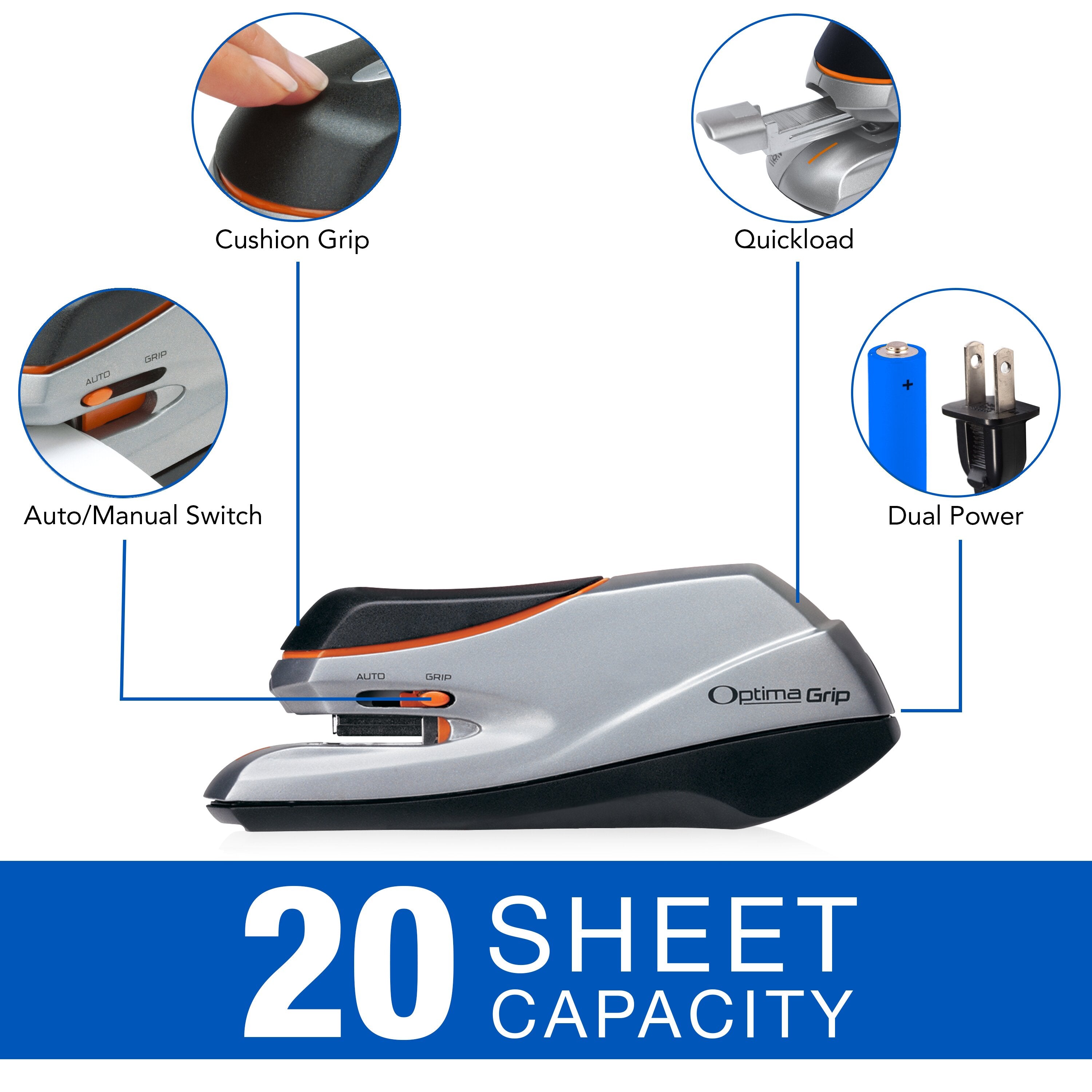 Swingline® Optima® Grip Electric Stapler, Model 20S, Silver