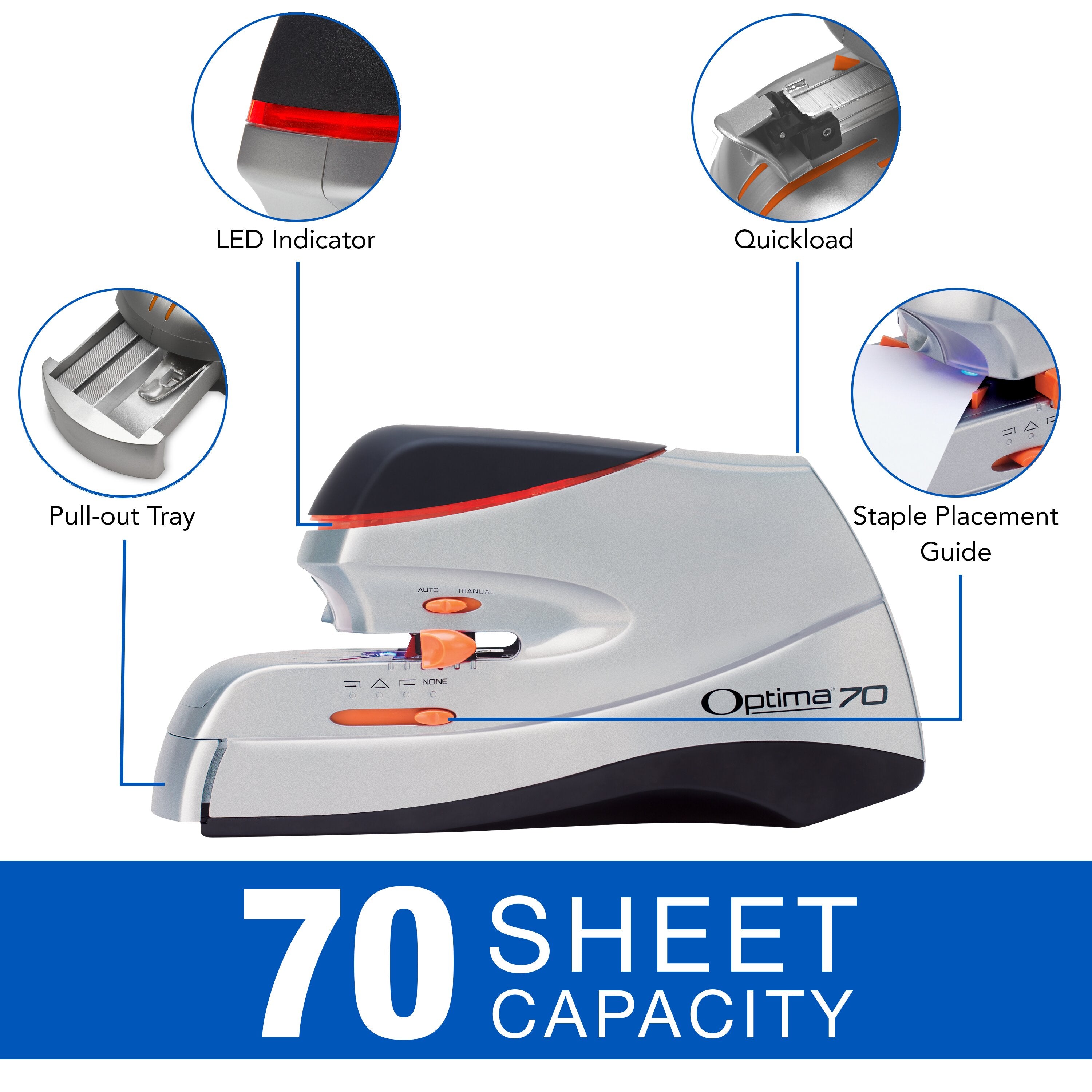 Swingline® Optima® 70 Electric Stapler - Silver, 70 Sheet Capacity